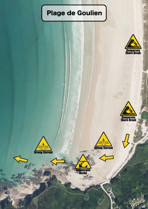Carte des dangers du spot de surf de Goulien à Crozon.