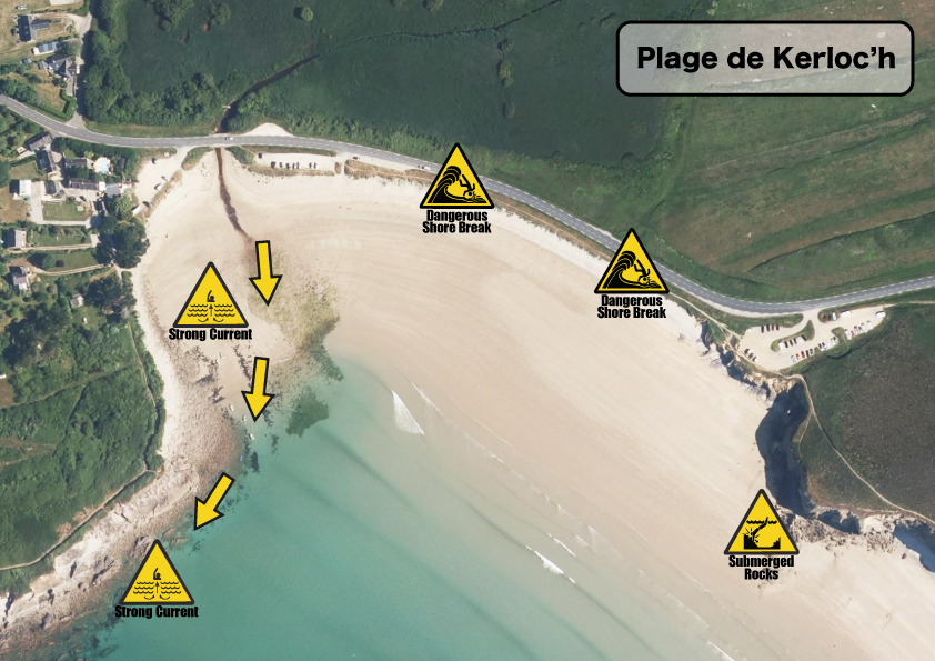 Carte des dangers du spot de surf de Kerloc’h à Crozon.