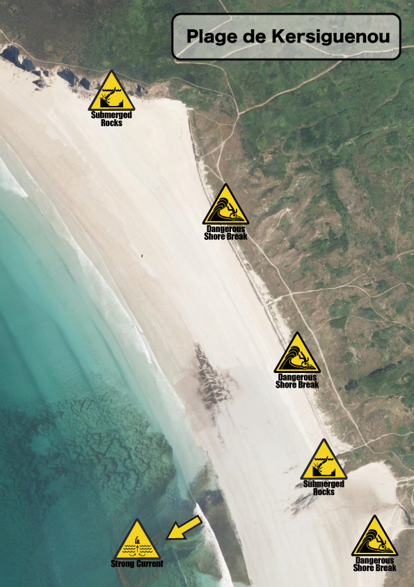 Carte des dangers du spot de surf de Kersiguenou à Crozon.