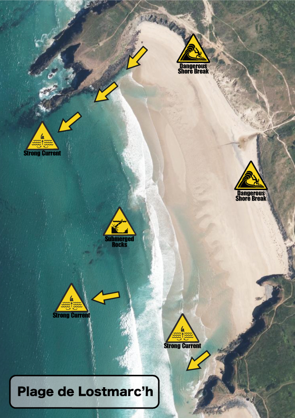 Carte des dangers du spot de surf de la Lostmarc’h à Crozon.