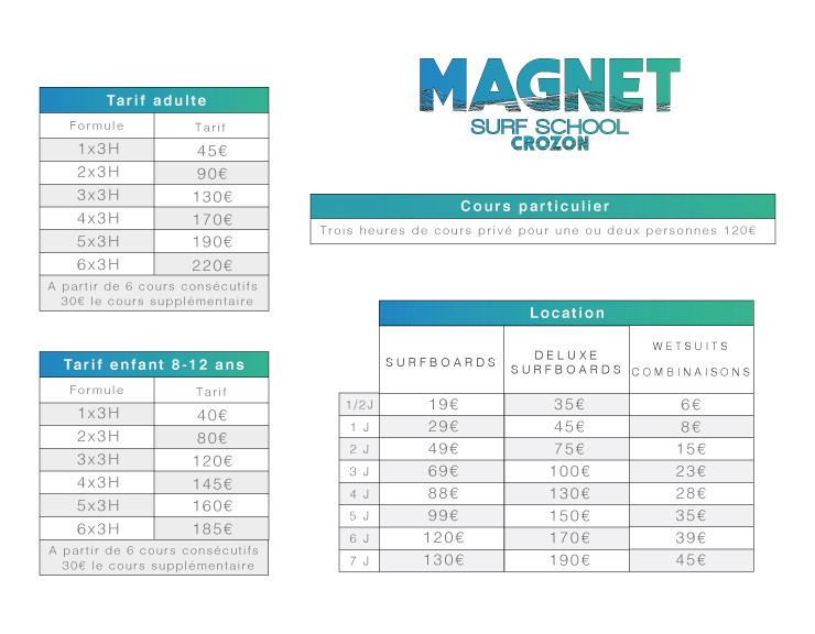 Tarifs de l'école de surf Magnet Surf School. Stages, cours particuliers, surfcamp et club à l'année Crozon Morgat Bretagne.