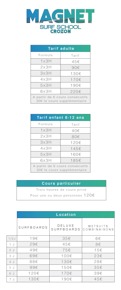 Tarifs de l'école de surf Magnet Surf School. Stages, cours particuliers, surfcamp et club à l'année Crozon Morgat Camaret Bretagne.